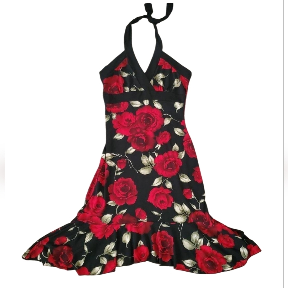 Vintage Perseption Floral Rose Print Halter Dress Made in USA Size Small